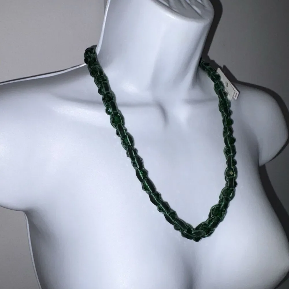 Chicos Green Velvet Ribbon & Gemstone Adjustable Necklace New Gold Tone Hardware